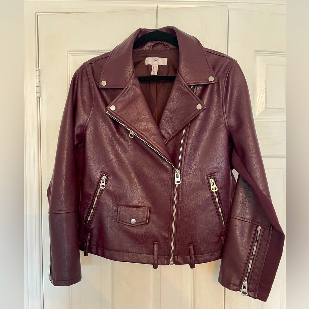 Additionelle- Burgundy Vegan Leather Moto Jacket